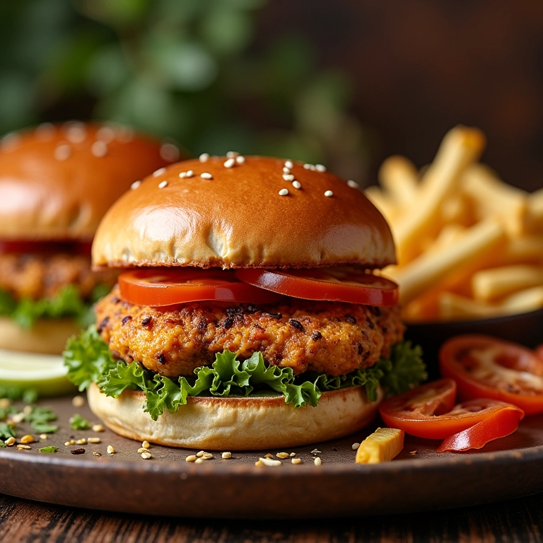 Hambúrguer de frango com acompanhamentos.