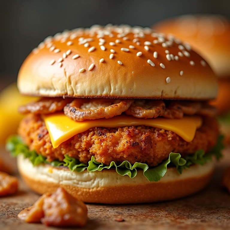 Hambúrguer de frango com diferentes tipos de queijo.