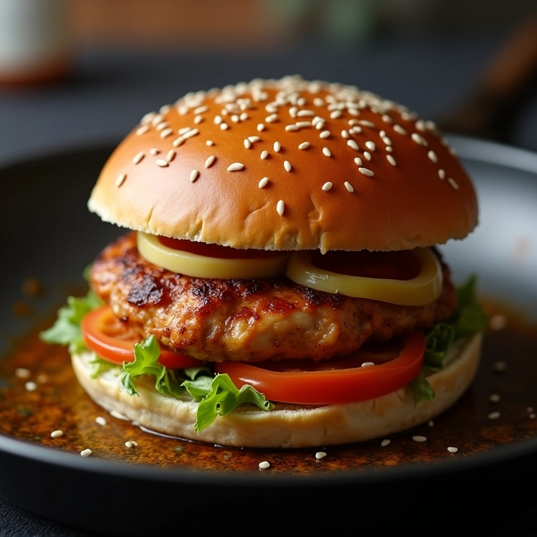 Hambúrguer de frango sendo cozido em uma frigideira.