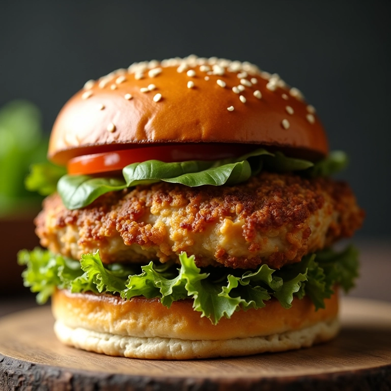 Hambúrguer de frango suculento e bem cozido.