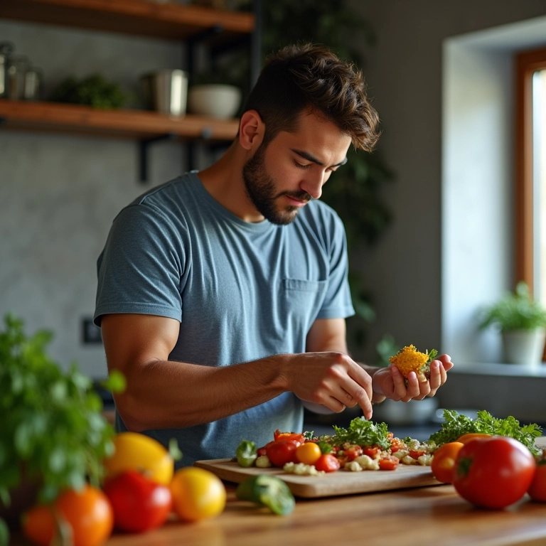 Homem preparando refeição saudável para a saúde sexual