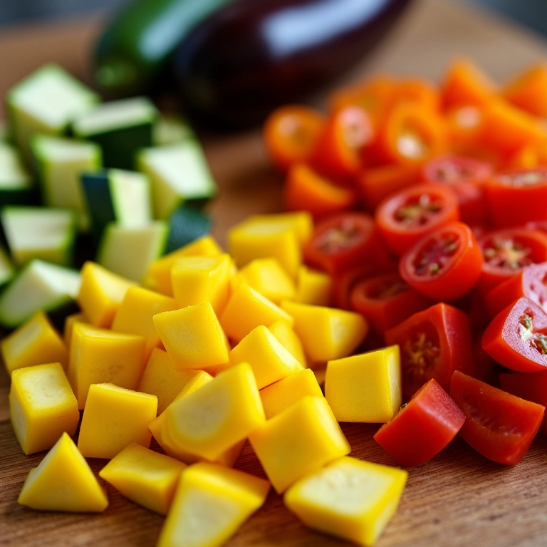 Ingredientes frescos para ratatouille: abobrinha, berinjela, pimentões e tomates.