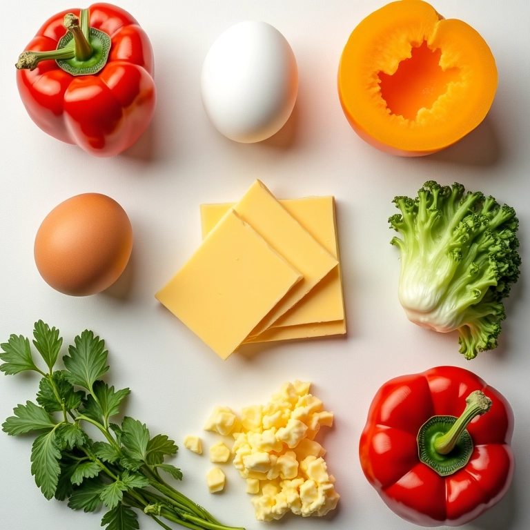 Ingredientes organizados para receita rápida de quiche sem massa.