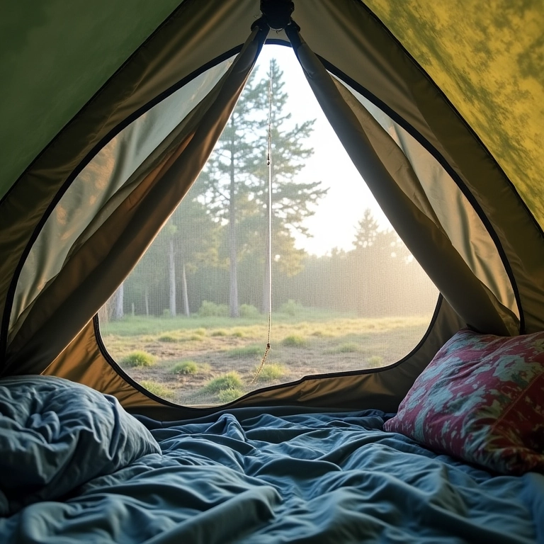 Interior de uma barraca mostrando métodos para evitar umidade.