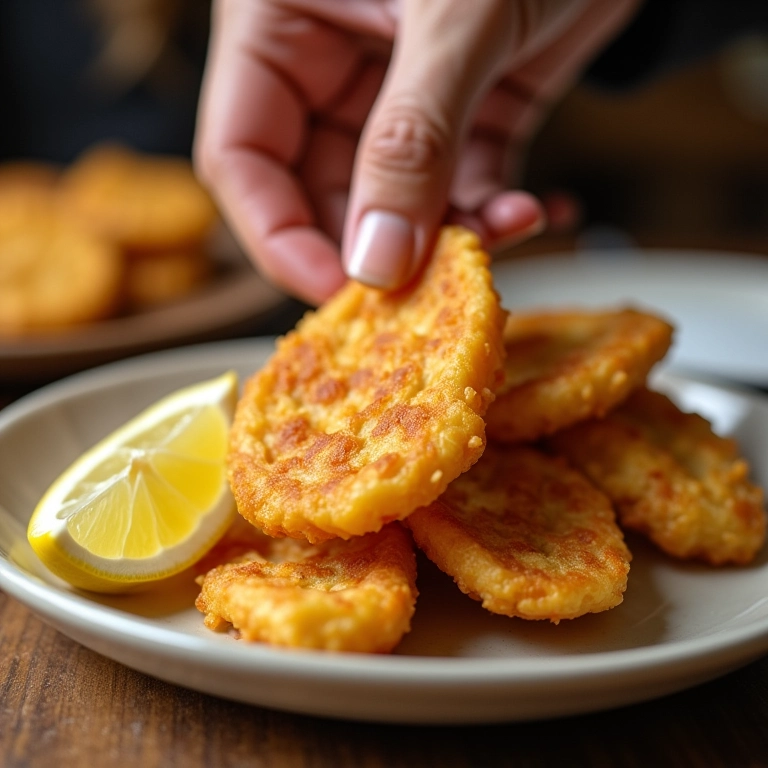 Jiló à milanesa crocante servido com limão. Mão de mulher alcançando um pedaço.