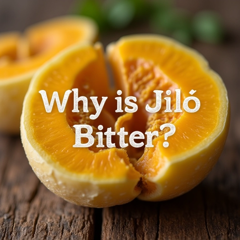 Jiló cru cortado ao meio, destacando sua textura interna. Texto: 'Por que o jiló é amargo?'