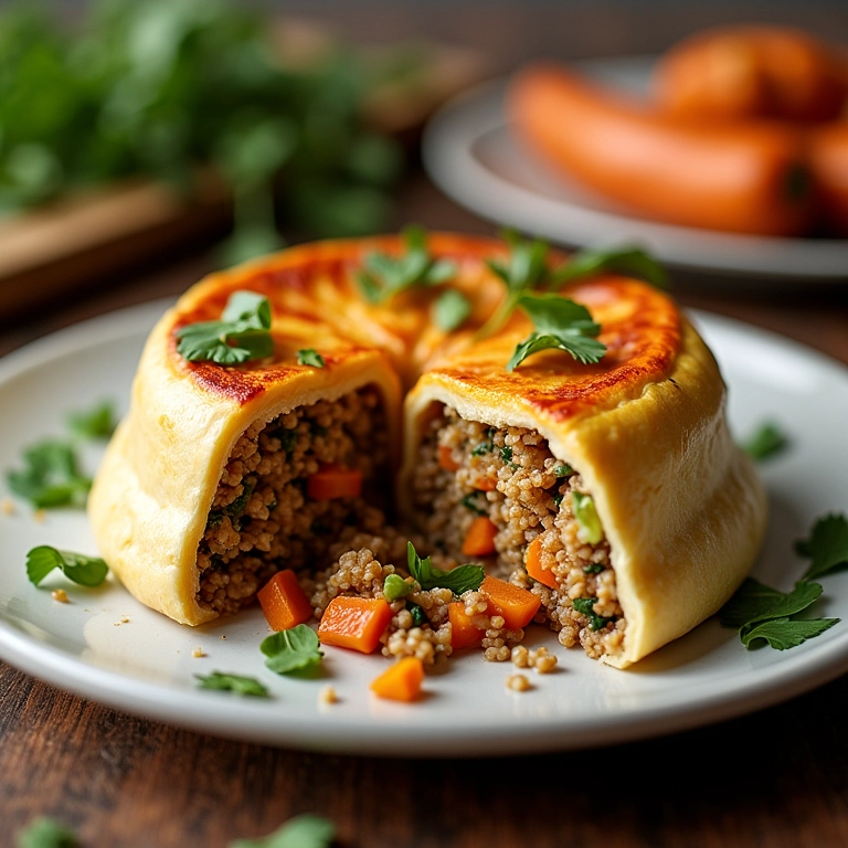 Jiló recheado com quinoa e vegetais, cortado ao meio, sobre prato decorado no estilo Farm Rio.