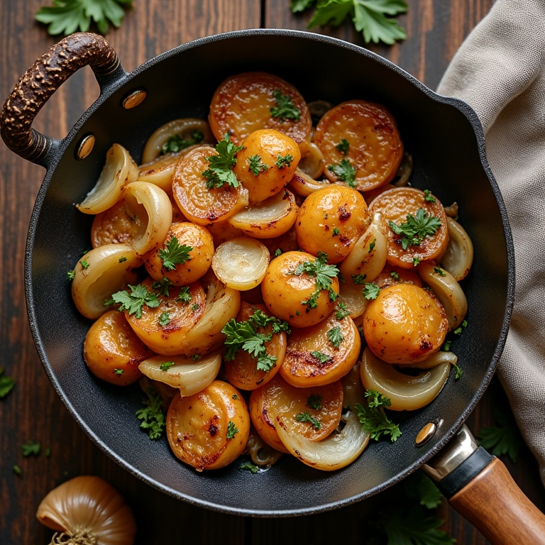 Jiló refogado com cebola e alho em panela rústica, cozinha estilo Farm Rio.