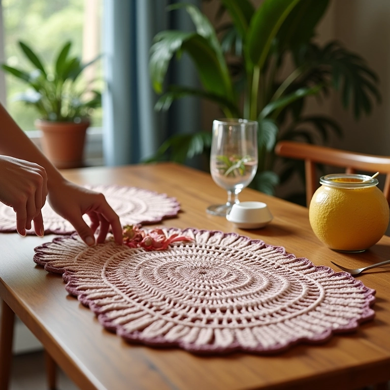 Jogo americano de crochê artesanal decorando mesa de almoço.