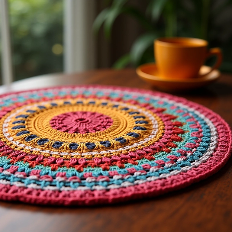Jogo americano de crochê colorido em mesa decorada.