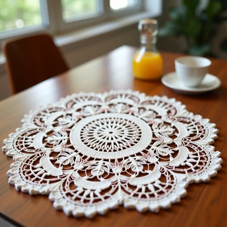 Jogo americano de crochê com flores em mesa de café da manhã.