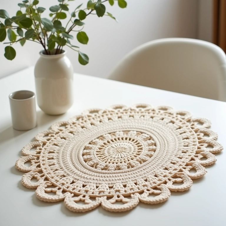 Jogo americano de crochê neutro em mesa minimalista.