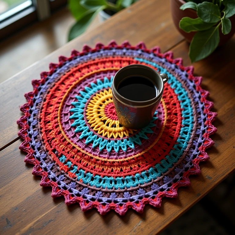 Jogo americano de crochê redondo vibrante sobre mesa rústica.