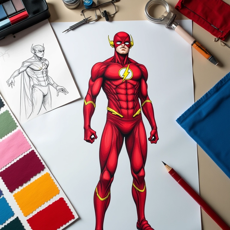 Layout de design de fantasia do Flash com materiais e esboços.