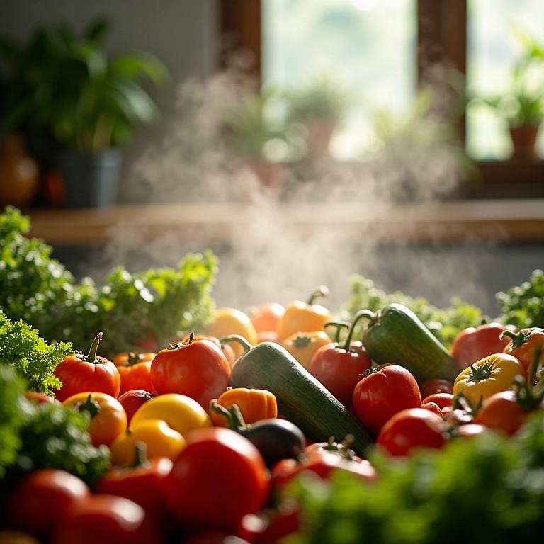 Legumes frescos sendo cozidos a vapor em uma panela colorida.