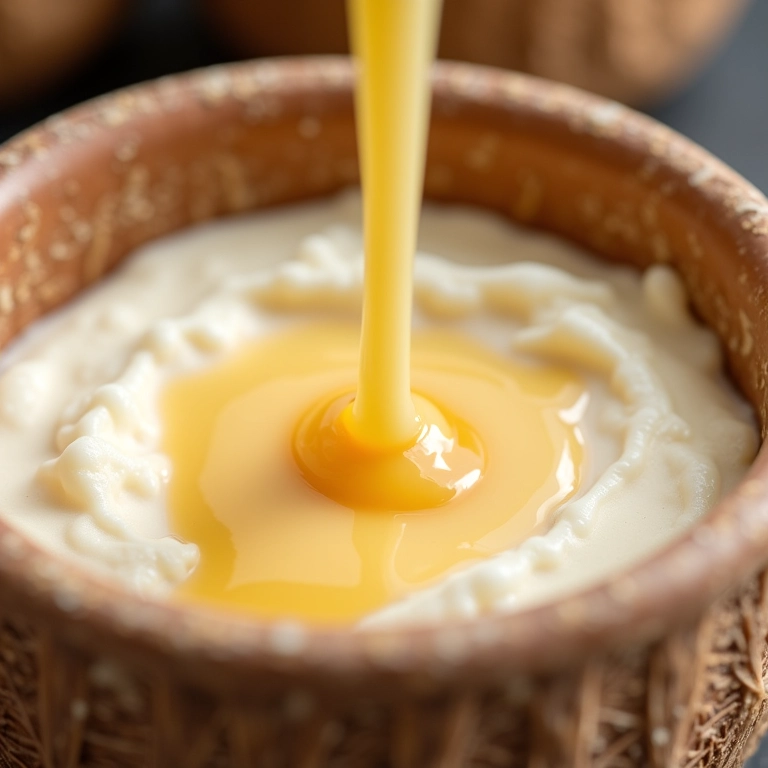 Leite condensado sendo adicionado ao recheio de coco.