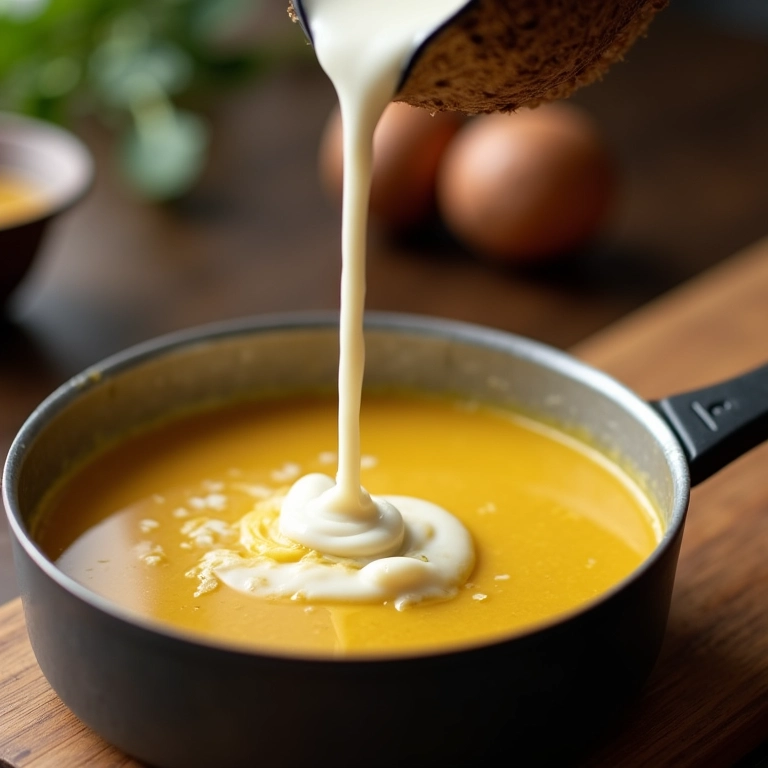 Leite de coco caseiro sendo adicionado à moqueca.