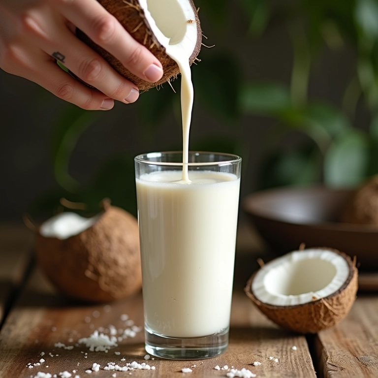 Leite de coco fresco sendo derramado em um copo.