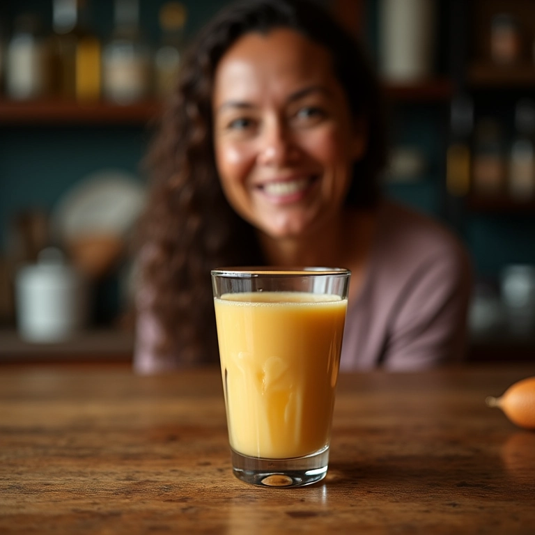 Licor de jenipapo cremoso servido em um copo, com uma senhora sorrindo ao fundo.
