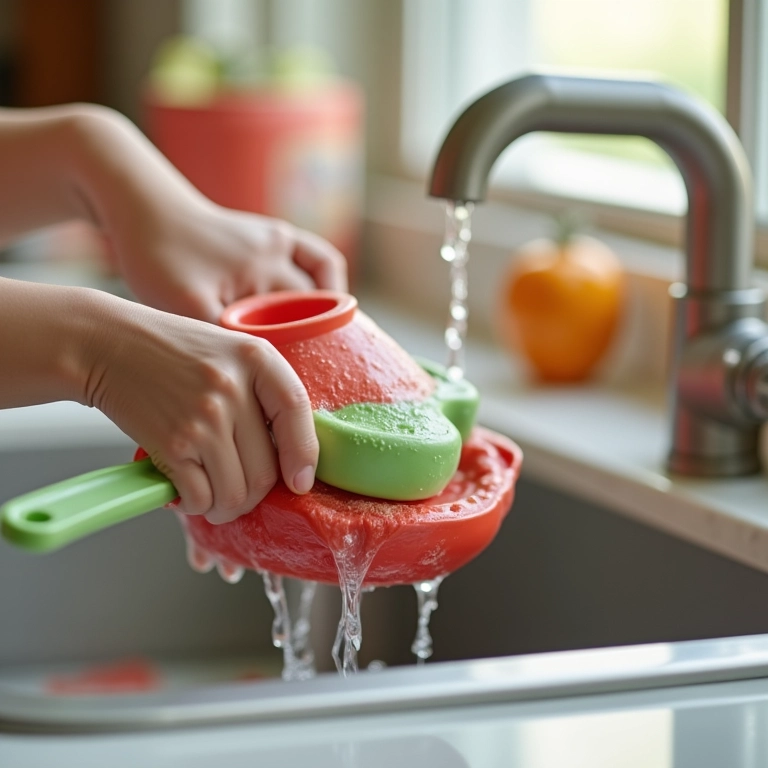 Limpando as panelinhas de brinquedo.