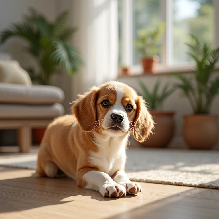 Limpando um acidente do cachorro dentro de casa com um produto de limpeza enzimático.