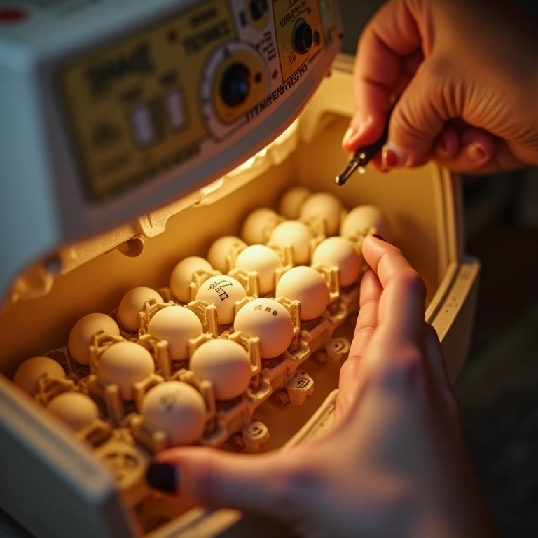 Mãos ajustando temperatura de chocadeira caseira de codorna.