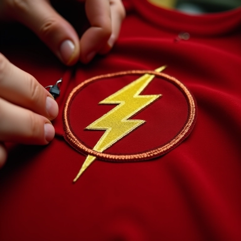 Mãos costurando o emblema do Flash em tecido vermelho.