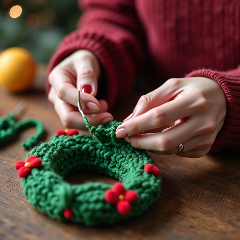 Mãos criando a base de uma guirlanda amigurumi.
