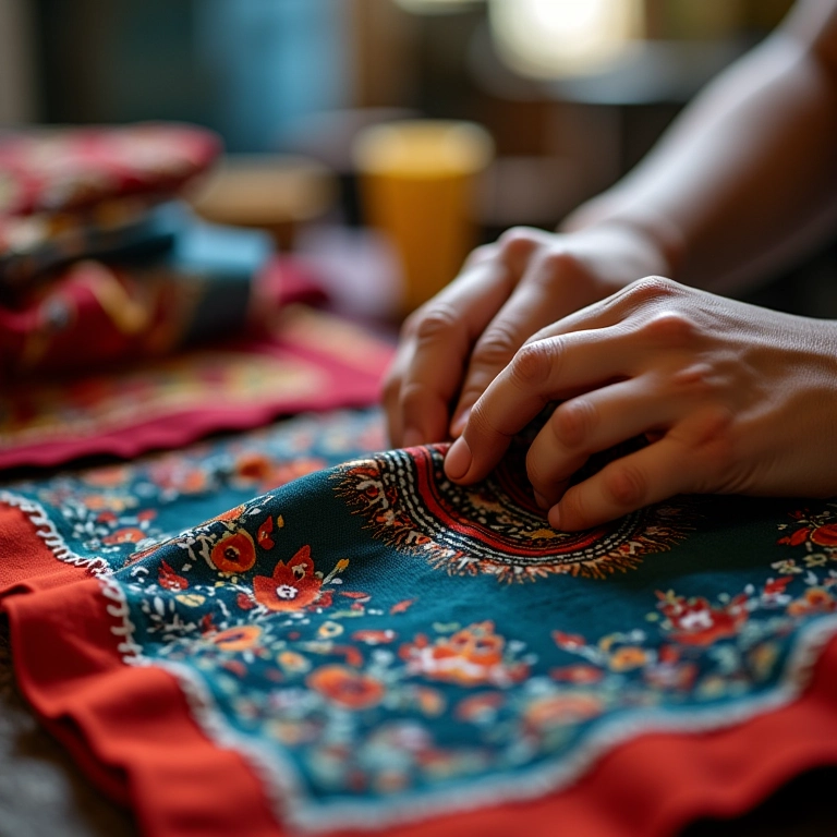 Mãos diversas costurando bandana colorida em ambiente iluminado.