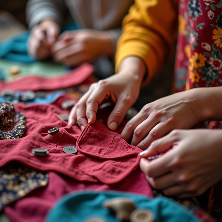 Mãos diversas criando alças de blusa artesanais.