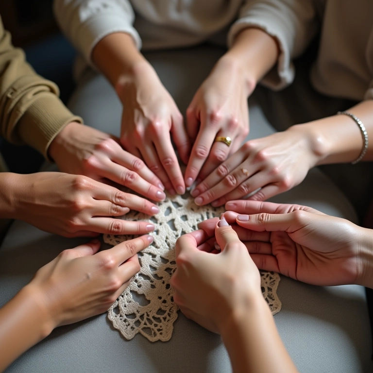 Mãos diversas criando colete de renda artesanalmente.
