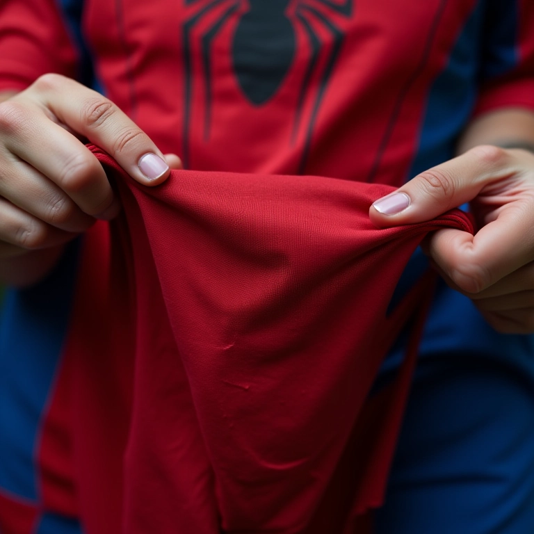 Mãos escolhendo tecido para fantasia do Homem-Aranha.