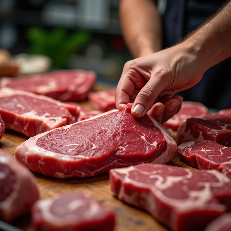 Mãos escolhendo um corte de carne em um açougue.