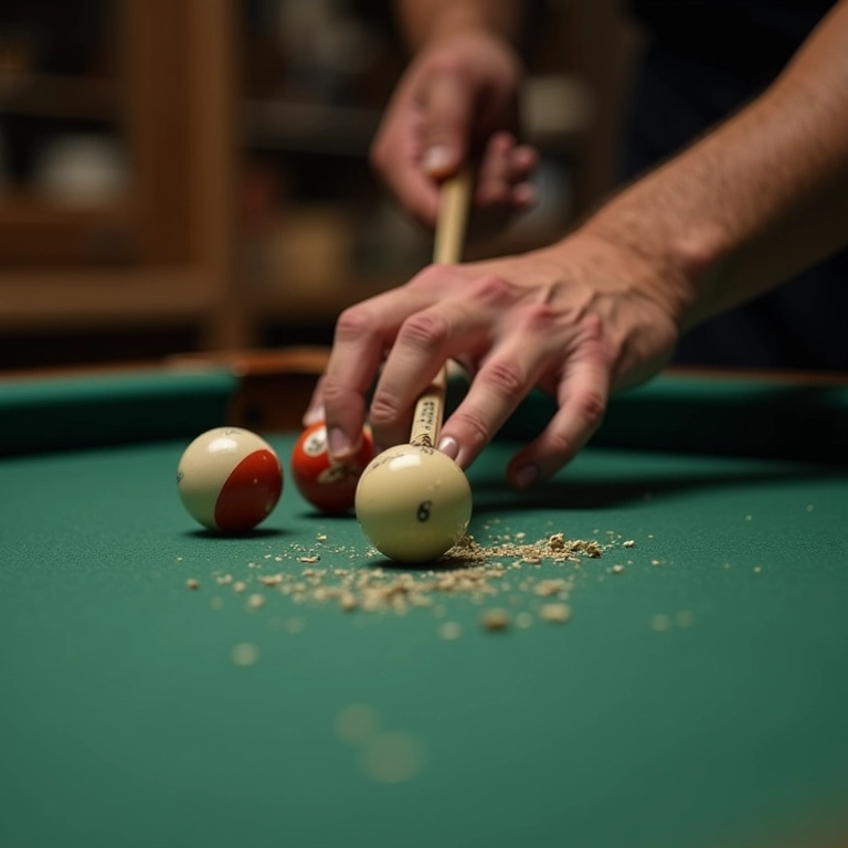 Mãos habilidosas criando caçapa de sinuca em oficina rústica.