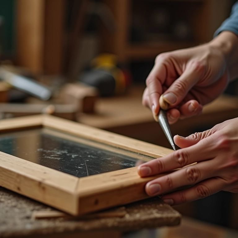 Mãos habilidosas criando moldura de madeira artesanal para espelho.