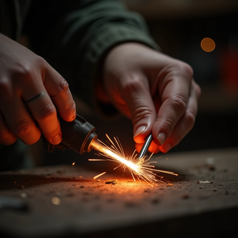 Mãos habilidosas criando resistência elétrica para cortar vidro em bancada iluminada.