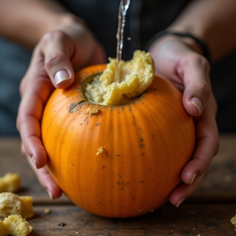 Mãos limpando cabaça com faca para preparar cuia.