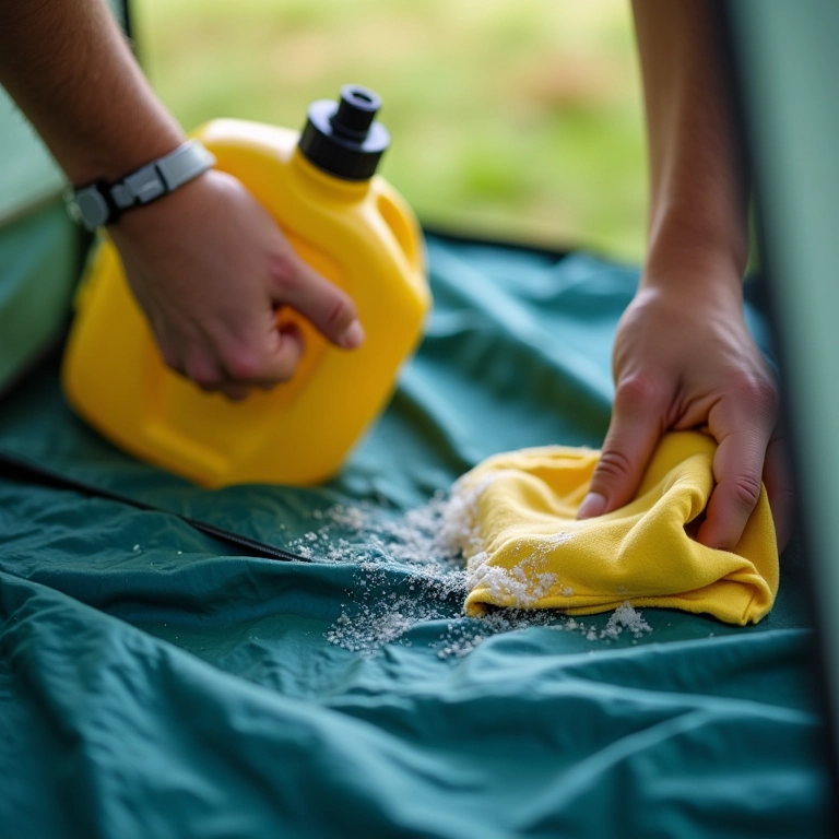 Mãos limpando uma barraca de camping com produtos adequados.