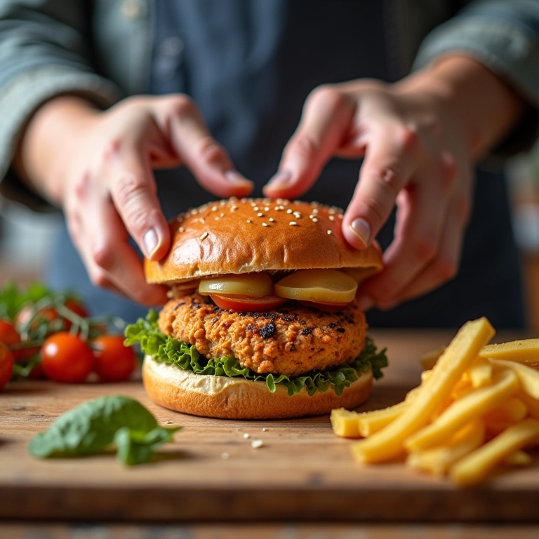 Mãos moldando hambúrgueres de frango.