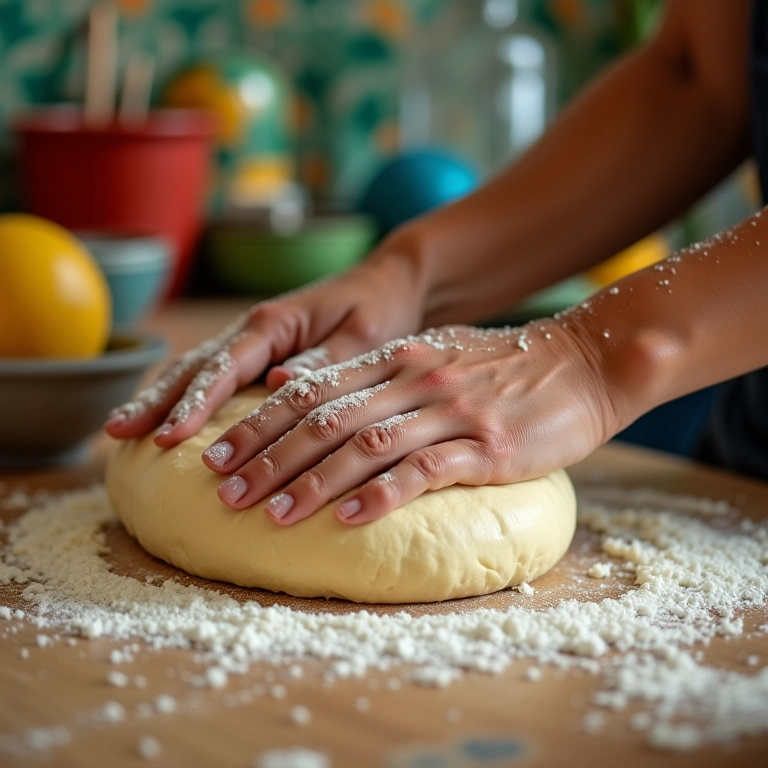Mãos preparando a massa do bem casado com cuidado em uma cozinha vibrante.