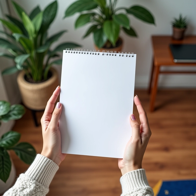 Mãos segurando folha escrita em ambiente decorado com plantas e tapete brasileiro.