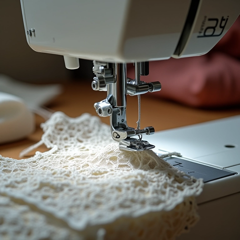 Máquina de costura criando colete de renda.