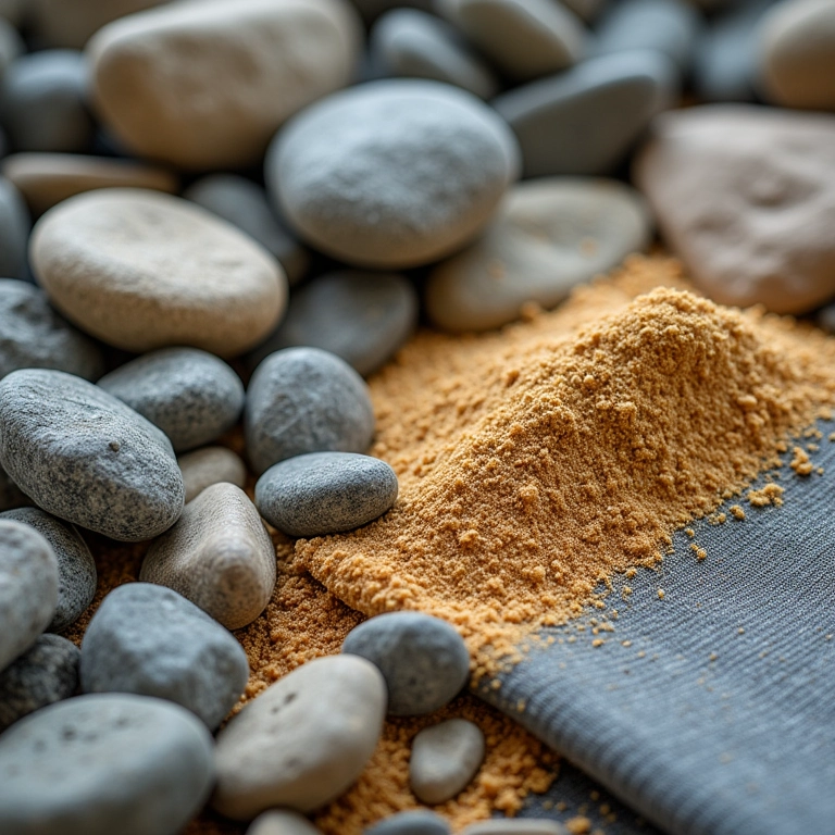 Materiais essenciais para construir um rio artificial: pedras, areia, selante e geotêxtil.