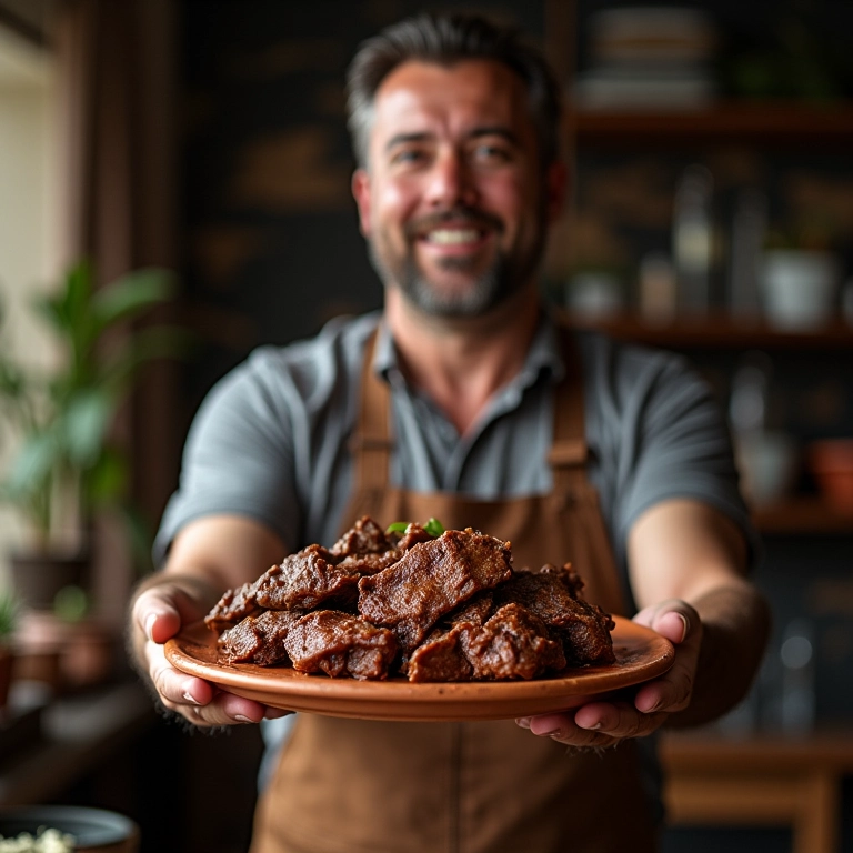 Maxixe com carne seca servido em prato de barro, homem brasileiro servindo.