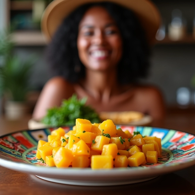 Maxixe refogado em prato de cerâmica colorido, mulher brasileira sorrindo ao fundo.