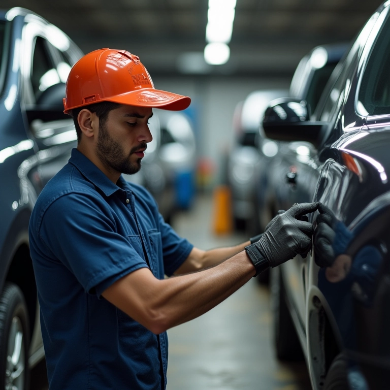 Mecânico inspecionando carros diferentes, todos prontos para pintura Rat Look.
