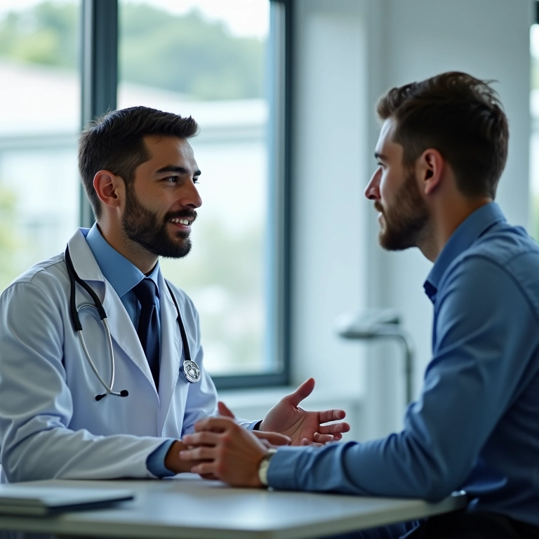 Médico consultando paciente sobre saúde masculina