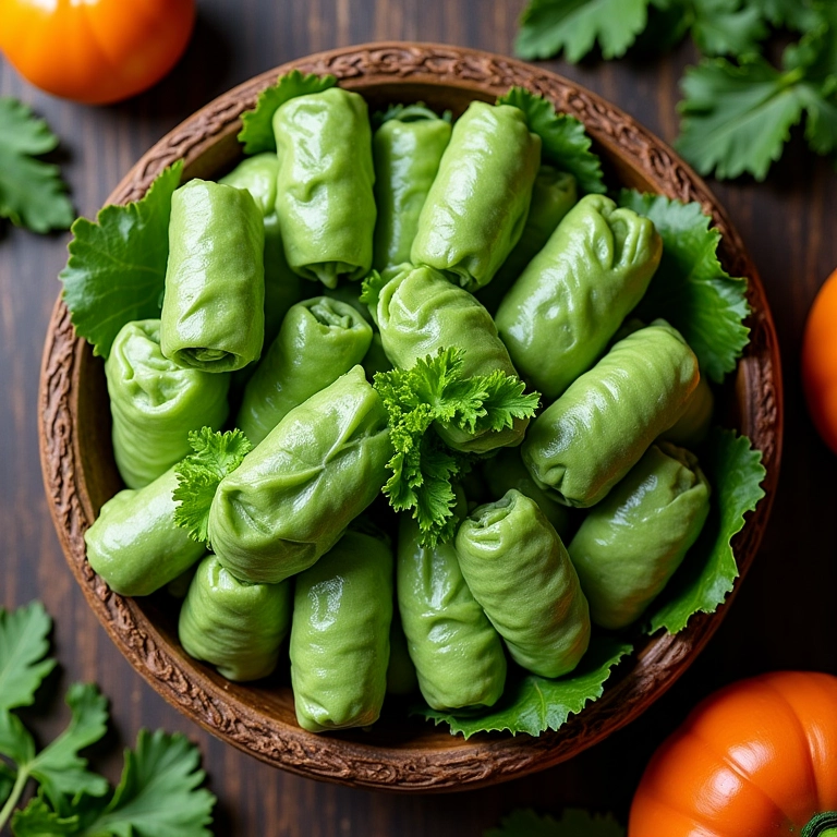 Mesa colorida com charutinhos de repolho e folha de uva prontos para servir.