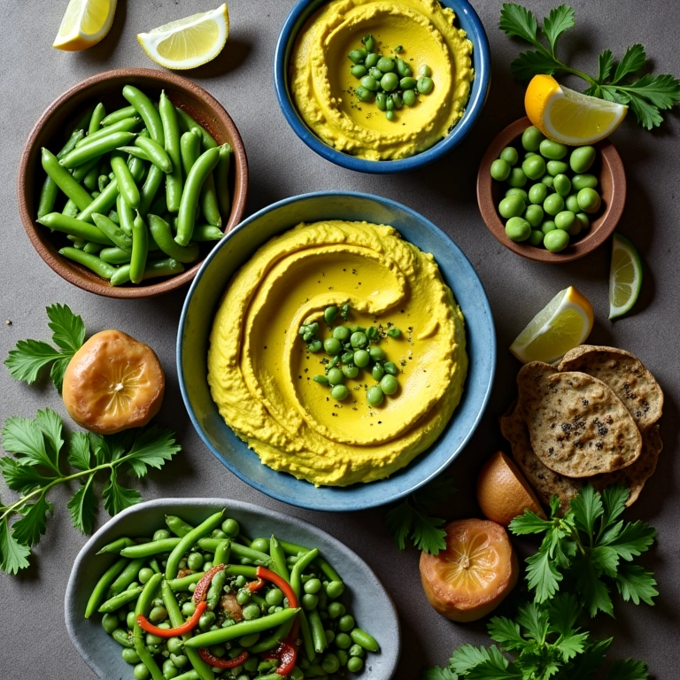 Mesa colorida com diversos pratos de edamame, incluindo hummus, edamame assado e salada.