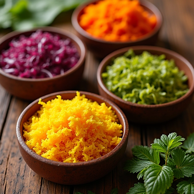 Mesa com diversas opções de farofa colorida e apetitosa.